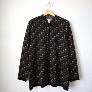 Exclusively Misook Houndstooth Knit Zip Front Cardigan | L